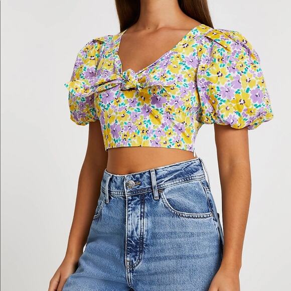 River Island floral Puffed Sleeve tie front crop top Yellow and Purple size 14 - Picture 14 of 14